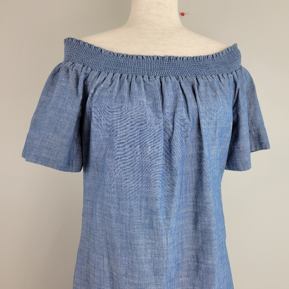 J Crew Off Shoulder Smocked Chambray Denim Dress SZ 8 - Picture 6 of 15